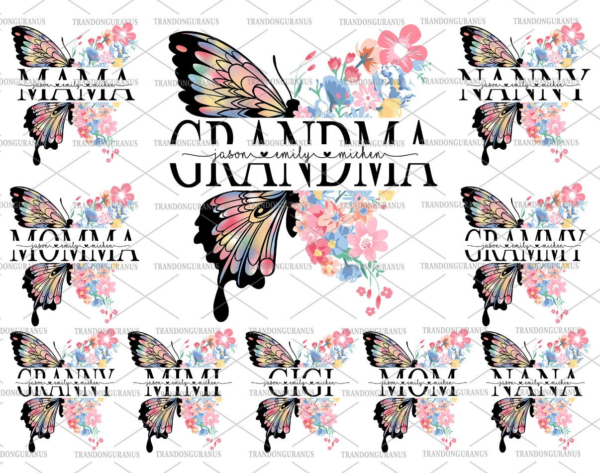 Personalized Mom & Grandma Floral Butterfly T-Shirt